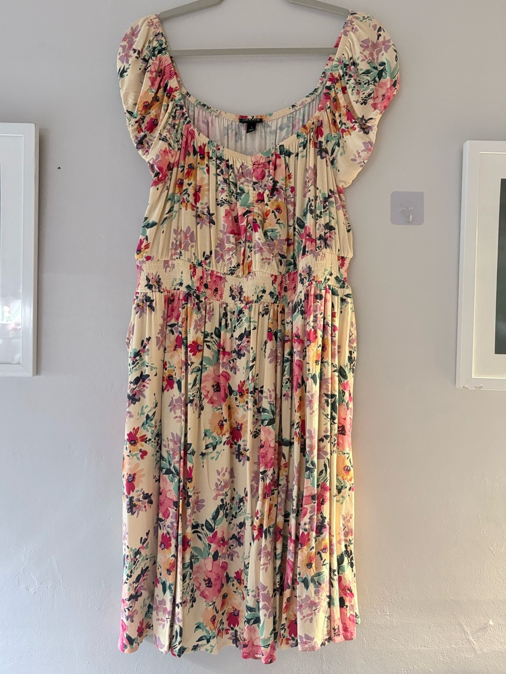 torrid Cream Floral Dress with Pink and Teal Accents